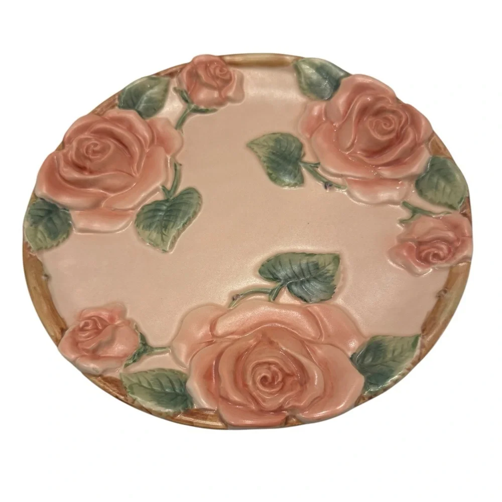 Fitz & Floyd Blushing Rose Embossed Pink Floral Ceramic Plate Serving Piece 1987